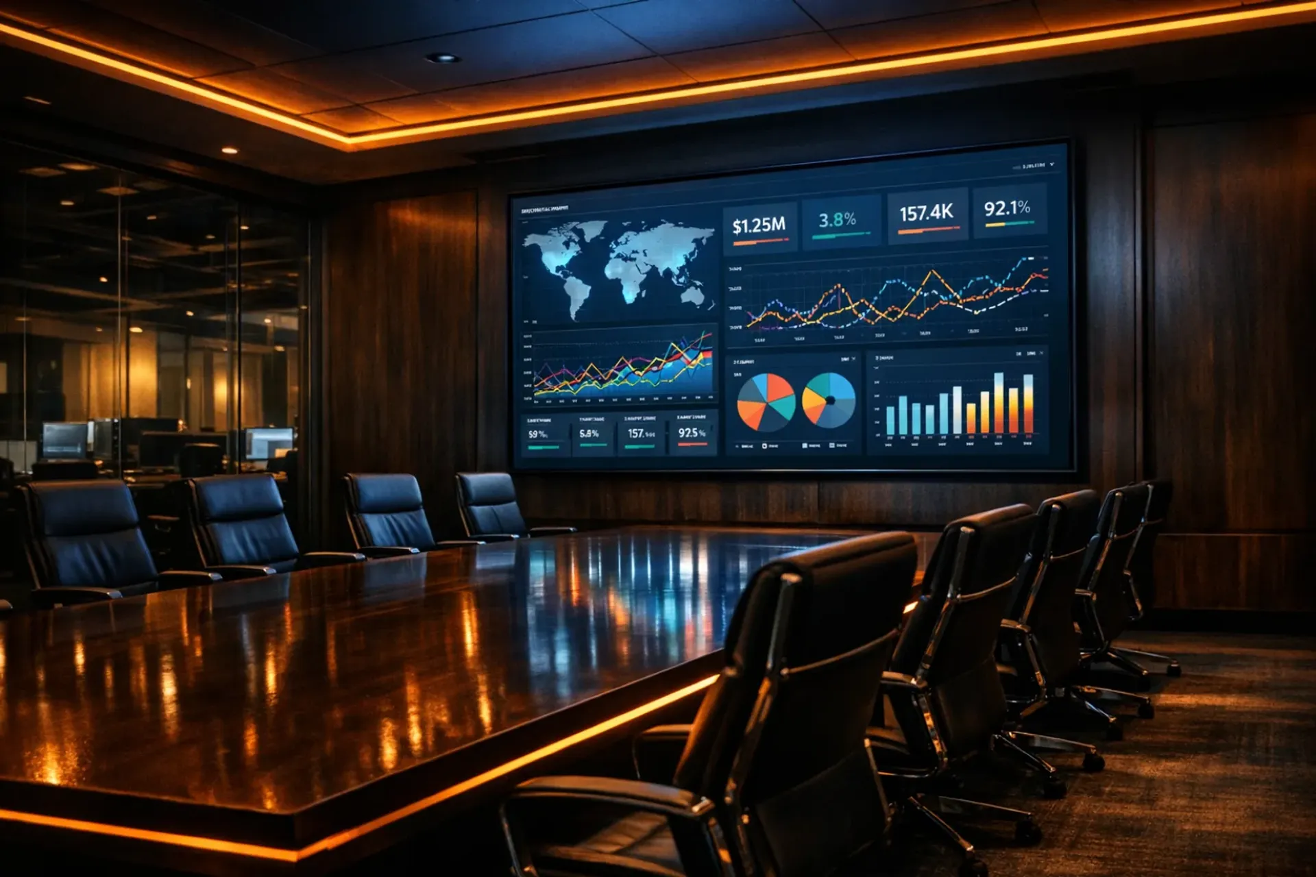 Modern conference room with large display showing analytics dashboard and orange accent lighting