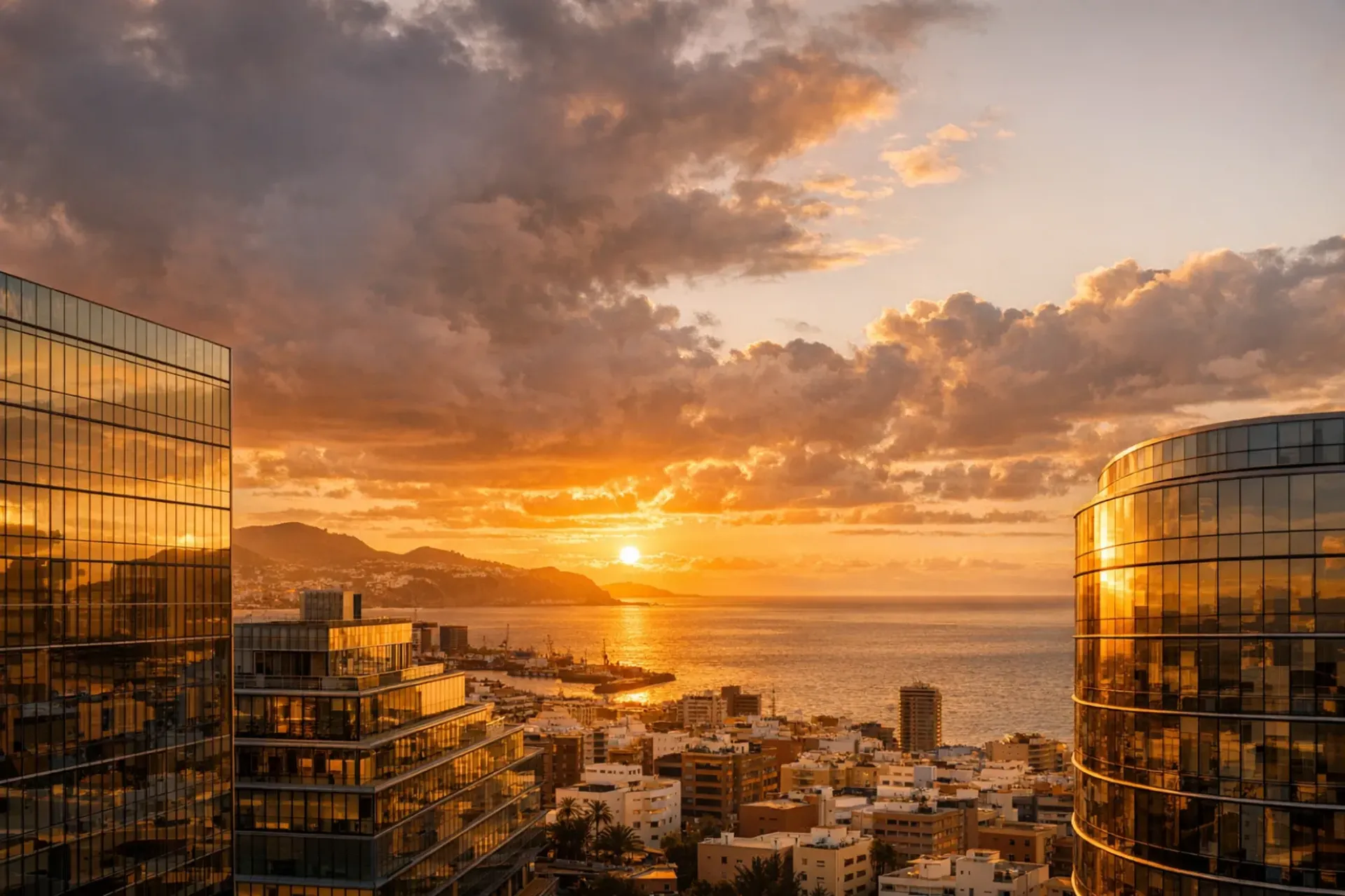 Panoramic view of Las Palmas de Gran Canaria coastline at dusk with modern architecture and warm lighting
