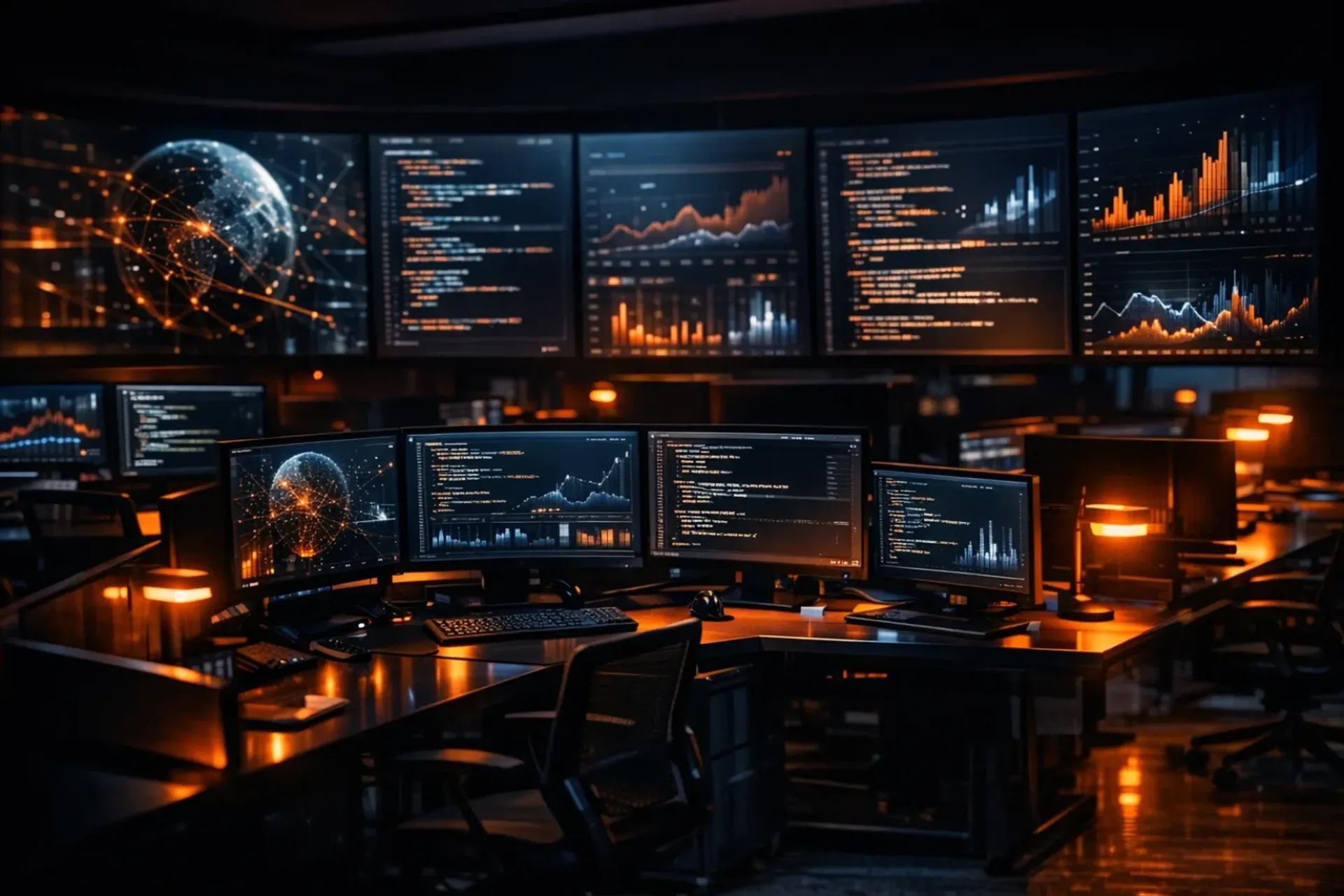 Modern technology workspace with warm orange accent lighting and dark atmospheric background