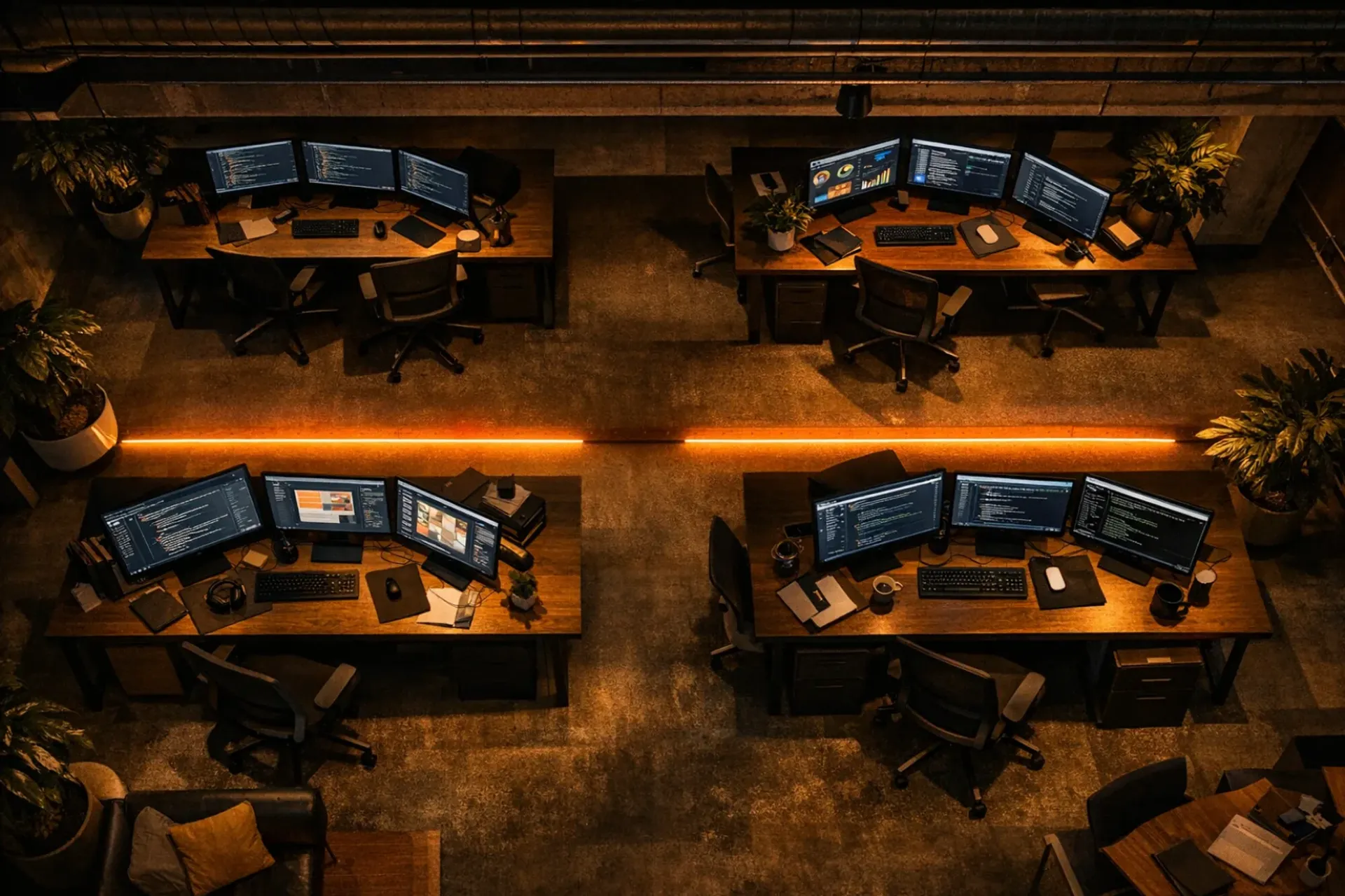 Modern distributed team workspace with multiple workstations connected by warm accent lighting