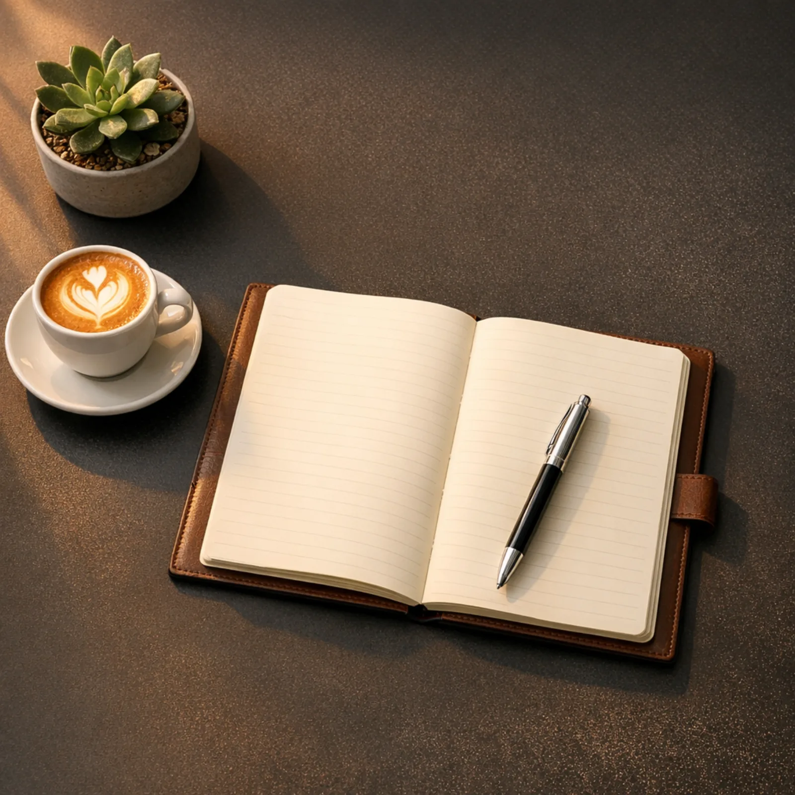 Minimalist consultation setup with notebook, pen, and coffee on a modern desk