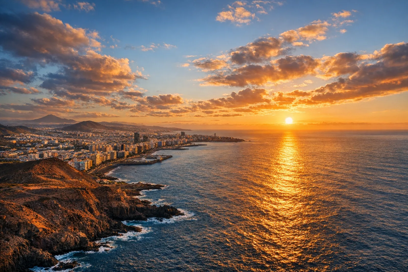 Aerial view of the Canary Islands coastline with modern urban development and Atlantic Ocean