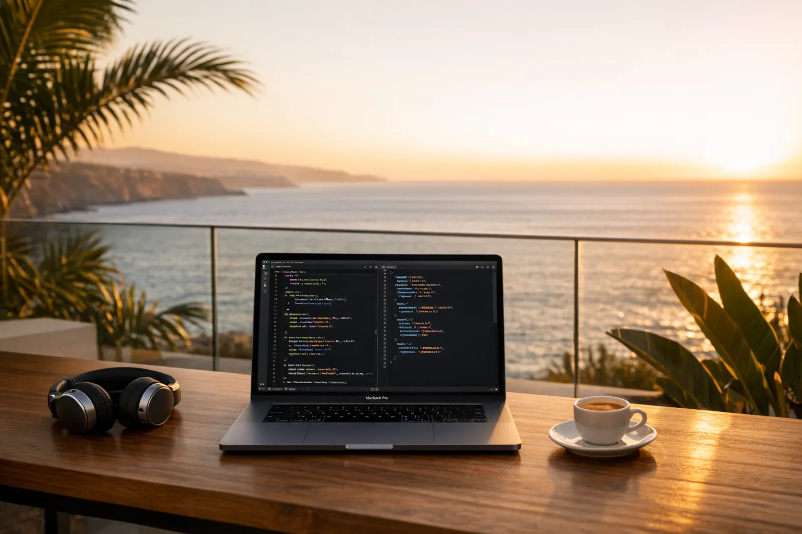 Laptop workstation on a modern terrace overlooking the Atlantic Ocean with warm golden hour lighting