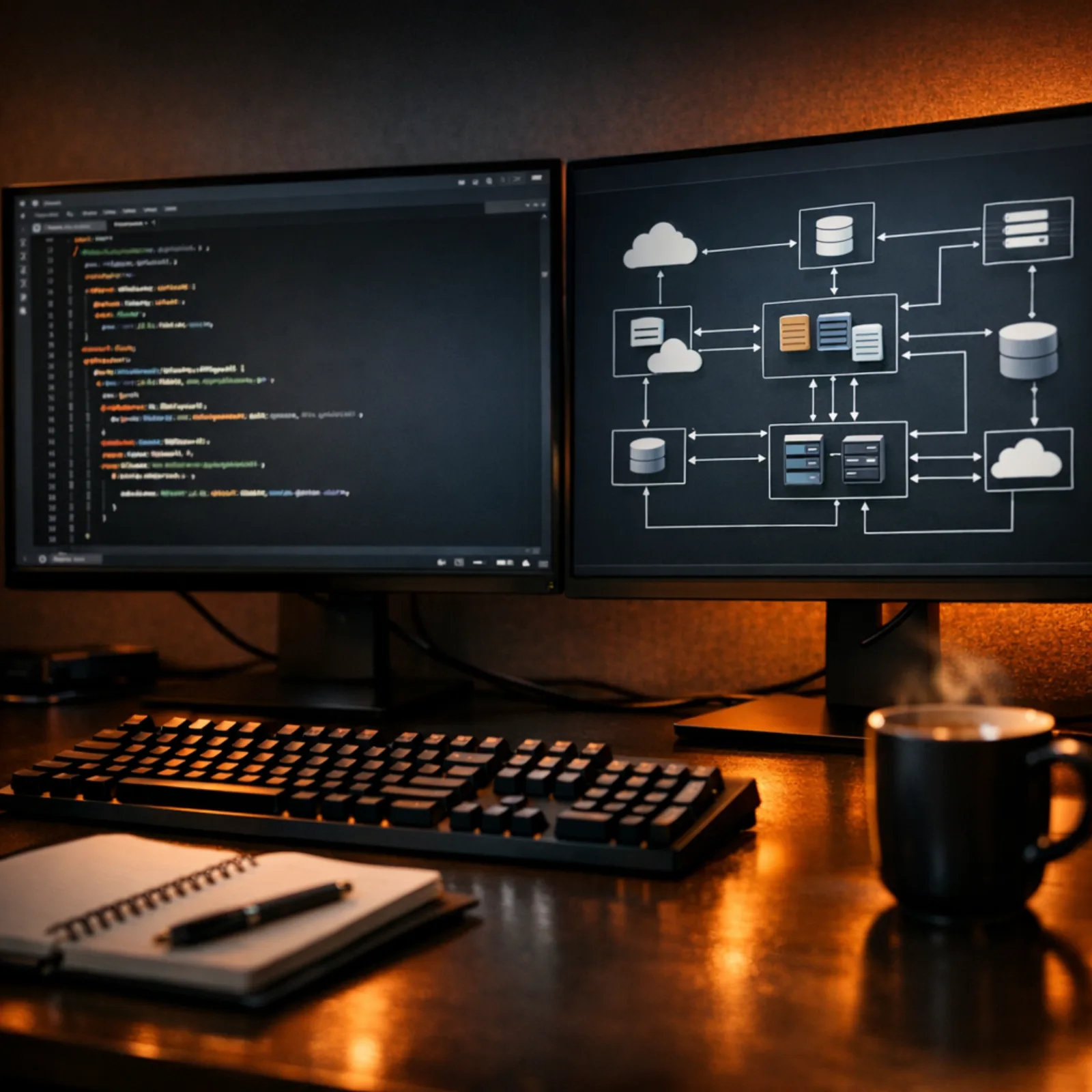 Collaborative engineering workspace with multiple screens showing code and architectural diagrams