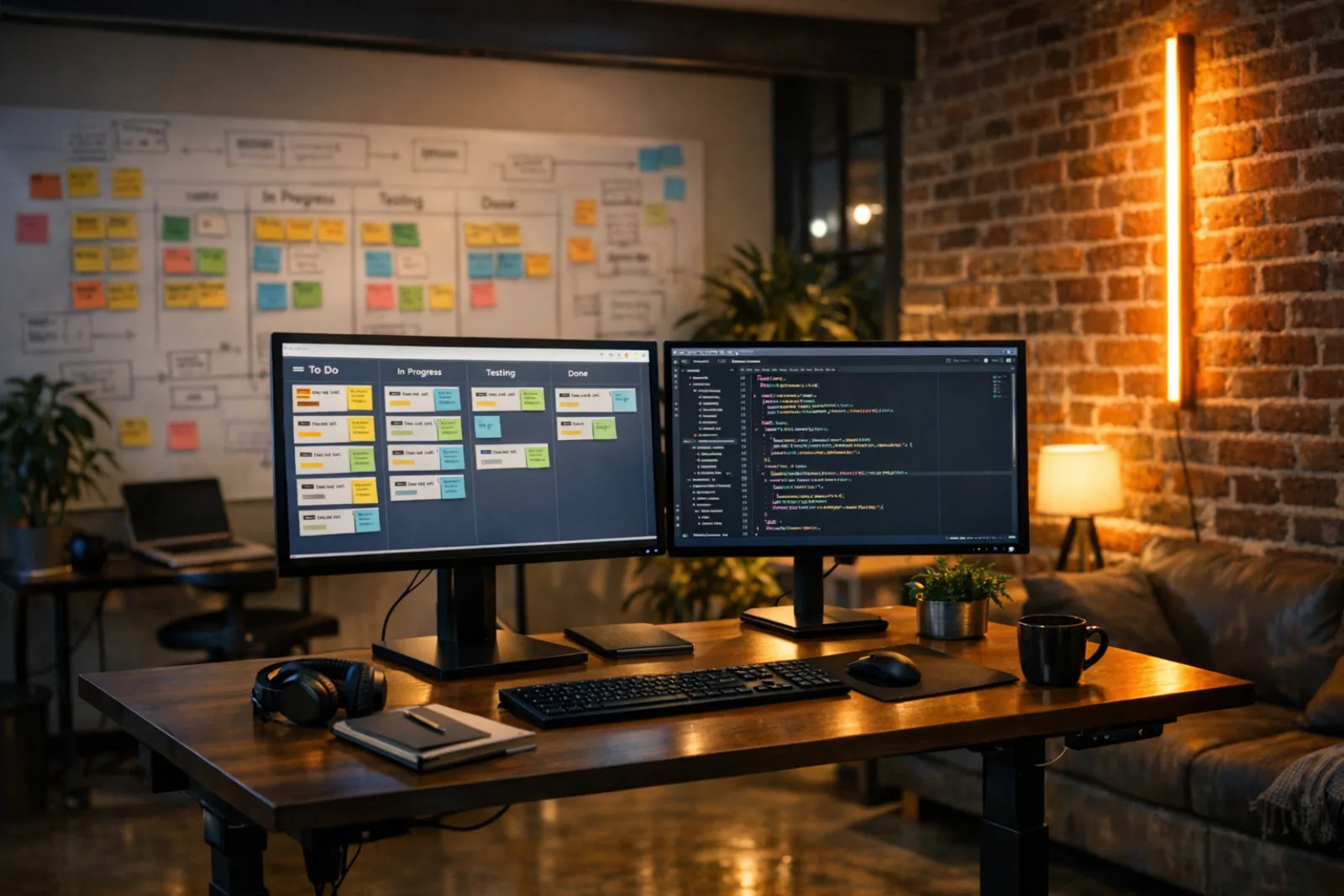 Modern startup workspace with collaborative whiteboard session and warm orange accent lighting