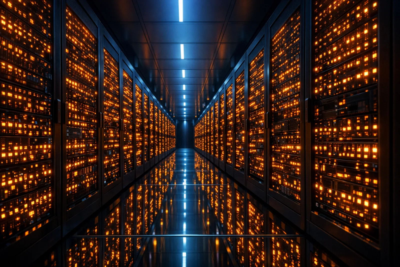Server room with orange LED indicators and modern network infrastructure